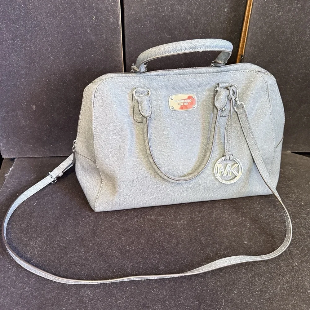 Michael Kors Gray Saffiano PVC Satchel Crossbody Bag MK Charm, MK Handbag